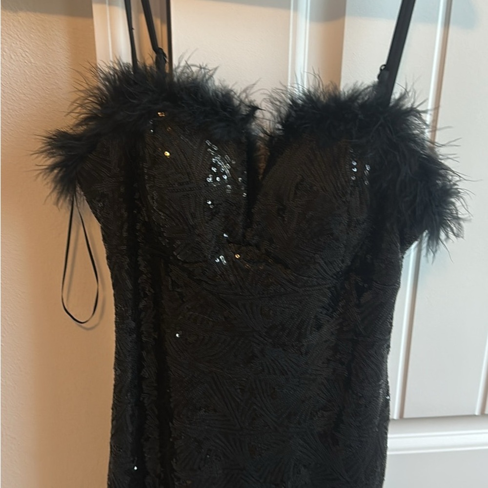 Black Sequin Dress with Feather Trim